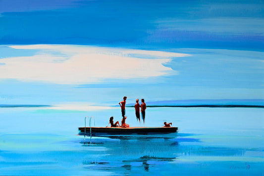 Delve into 'A Break in the Weather, 2023' by Elizabeth Lennie: a serene unframed fine art print portraying six figures relaxing and swimming around a dock in a vast seascape. Against a picturesque blue sky adorned with a long white cloud, immerse yourself in the tranquil atmosphere of this scenic artwork.