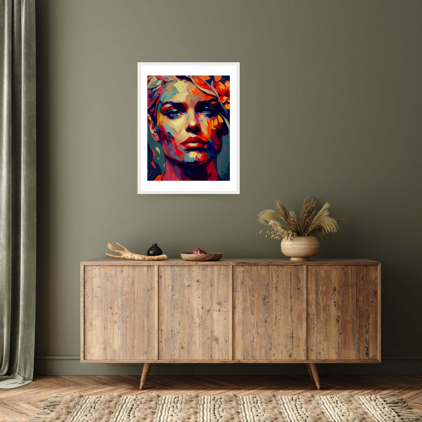 White framed print 'No Turning Back’ by Blake Munch: A woman with piercing blue eyes faces the viewer, her face covered in an array of warm and cool toned brushstrokes.