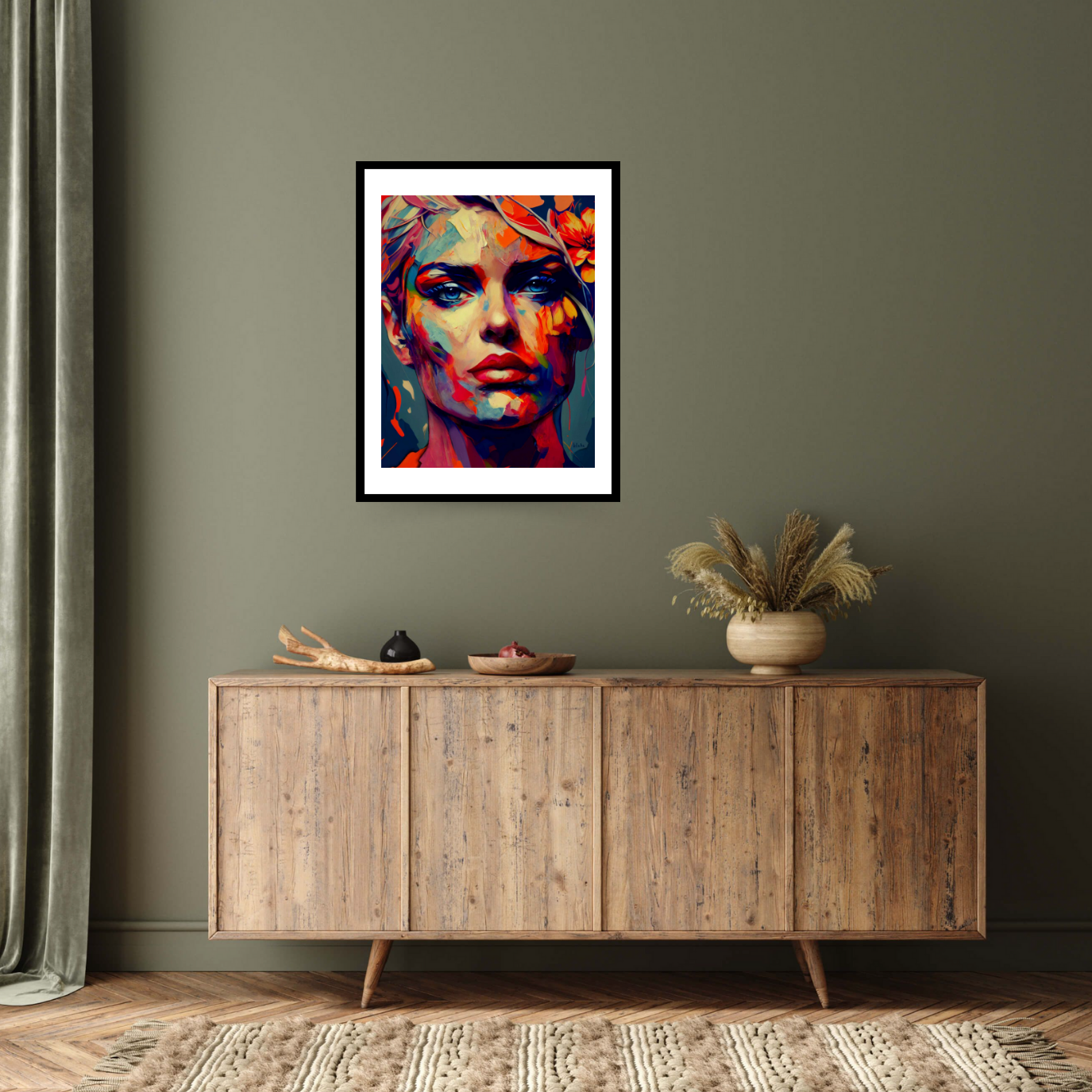 Black framed print 'No Turning Back’ by Blake Munch: A woman with piercing blue eyes faces the viewer, her face covered in an array of warm and cool toned brushstrokes.