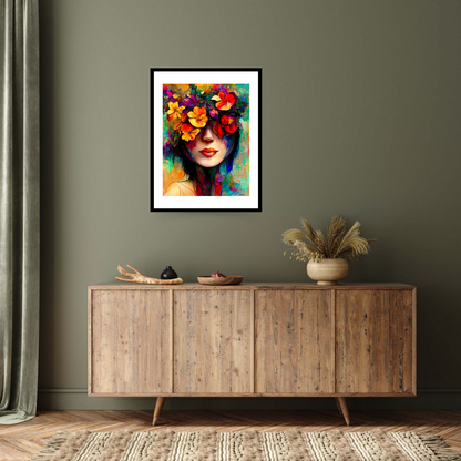 Black framed print 'The Love Inside You’ by Blake Munch: A woman's face is partially concealed by an array of colourful flowers. Her red lips and nose remain visible, in front of a turquoise-tinted background.