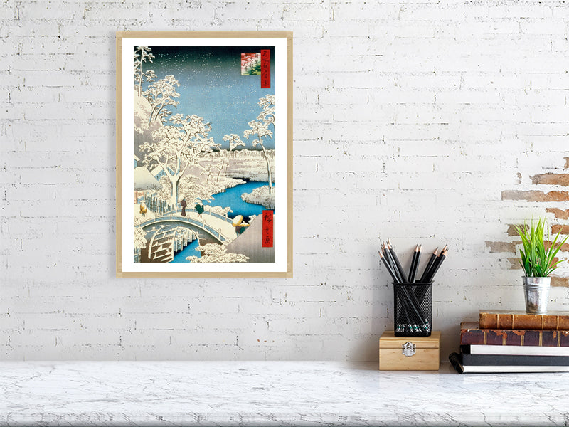 Utagawa Hiroshige, Drum Bridge and Setting Sun Hill at Meguro, 1857 - Ando or Utagawa (1797-1858), BALowned, Hiroshige, Landscapes and Seascapes - Bridgeman Editions, Painting by  Bridgeman Editions