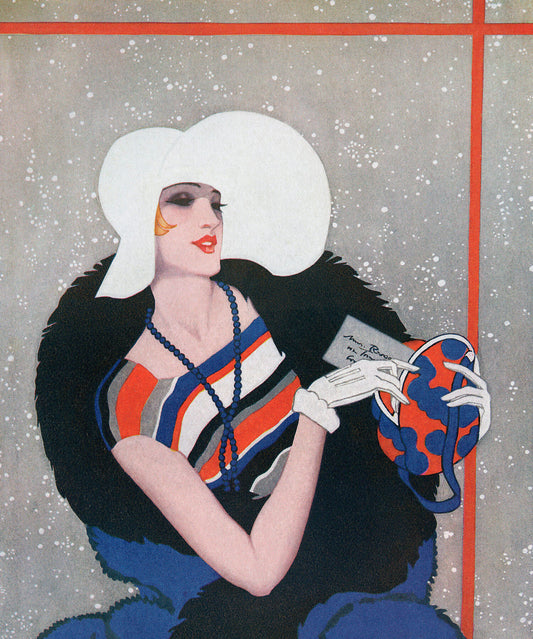 Fashionable Flapper on Her Way to a Party 1928 - (20th century), American School, Fashion Illustration - Bridgeman Editions, Painting by  Bridgeman Editions