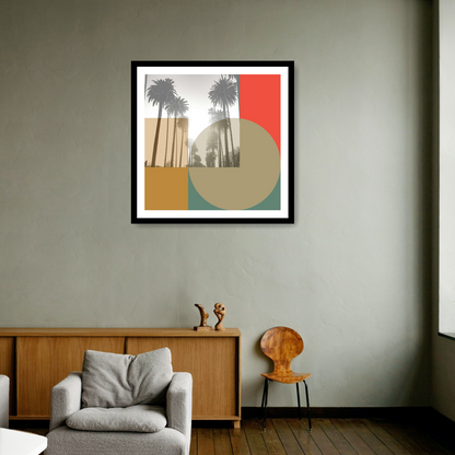 "Miracle Mile" by George Rosaly. This black framed print encapsulates the essence of Mid-Wilshire, a Los Angeles district, with its glamorous abstract and urban-inspired aesthetic. Vibrant colours and abstract motifs complement a striking black and white photo featuring palm trees seen from below.