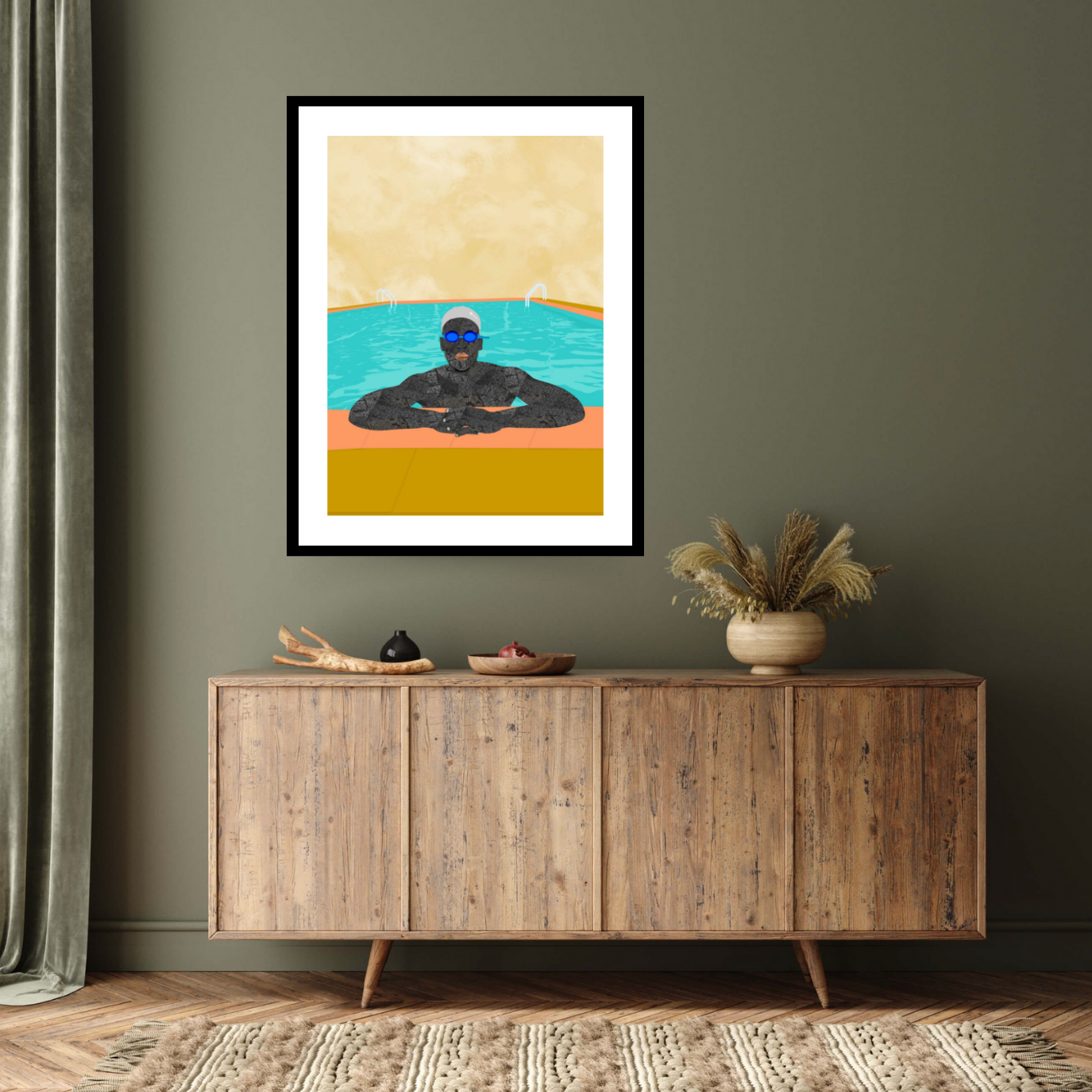 Black framed 'MAN IN A POOL I, 2021' by Osinachi. This captivating digital print encapsulates contemporary aesthetics and cultural nuances, portraying a vibrant scene of a man in a pool. With its rich colours and dynamic composition, this limited edition piece adds a modern flair to any collection.