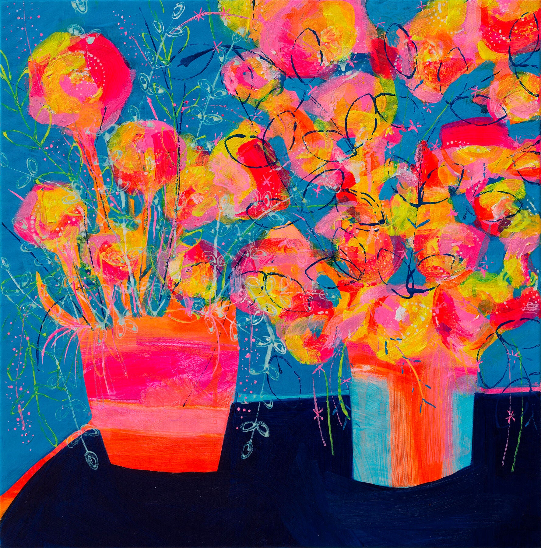 'Abundant Joy' by Faye Bridgwater: a vibrant unframed fine art print capturing the cheerful essence of spring blossoms. This contemporary mixed media artwork bursts with colourful flowers, evoking feelings of happiness and joy.