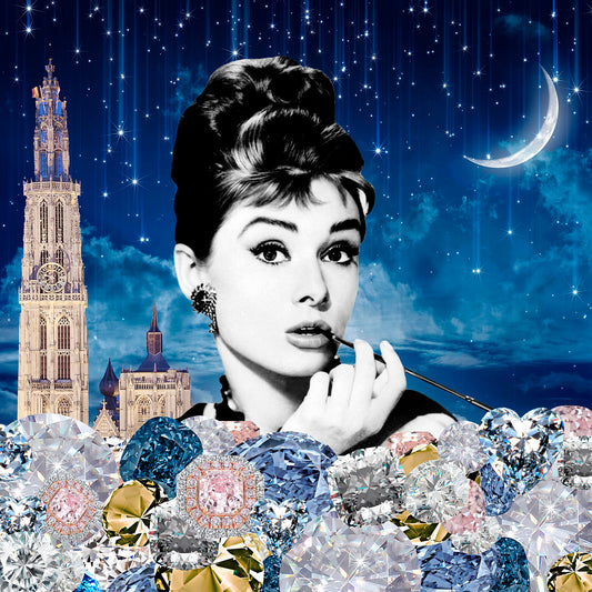Image of the unframed print ‘Breakfast at Antwerp’ by Anne Storno, depicting Audrey Hepburn: in front of her a sea of diamonds and precious gems and on the background the Antwerp cathedral with a night sky and a crescent moon 8339787
