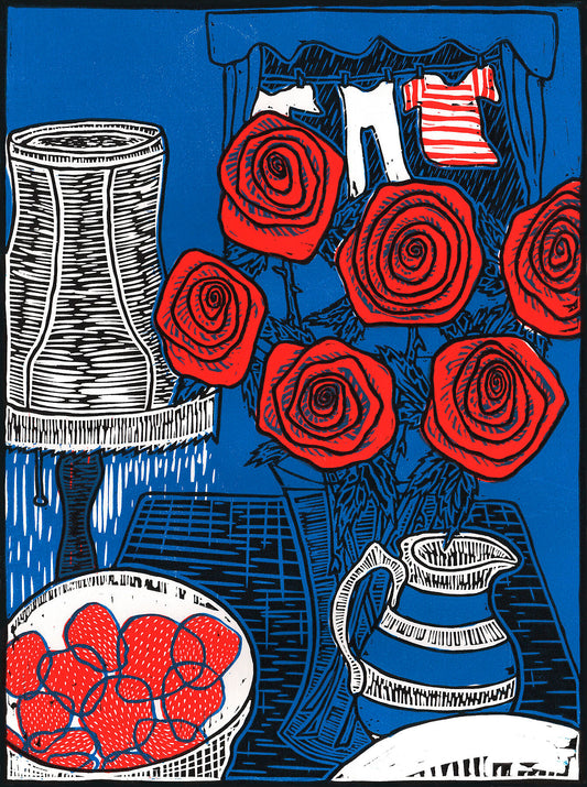 Discover the captivating 'Still life with Roses, 2014' by Faisal Khouja: an unframed fine art print featuring a linocut-style painting. With vibrant hues of intense blue, reds, and whites, this artwork showcases Faisal's intricate yet vibrant style, depicting a vase of roses, a lamp, and a bowl of strawberries.