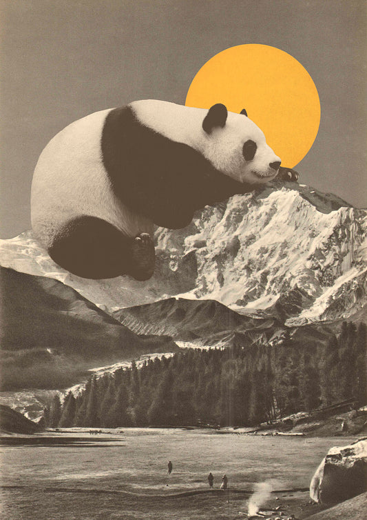 Unframed archival print: 'Pandas Nap into Mountains, 2020' by Florent Bodart. A panda rests atop snowy peaks under a golden sun. Printed on Hahnemühle German etching paper.