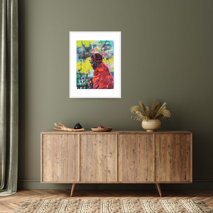 Image of the white framed fine art print Initiation by the Contemporary artist Aaron Bevan-Bailey, afrofuturist portrait of a Masai warrior on a brightly coloured background	