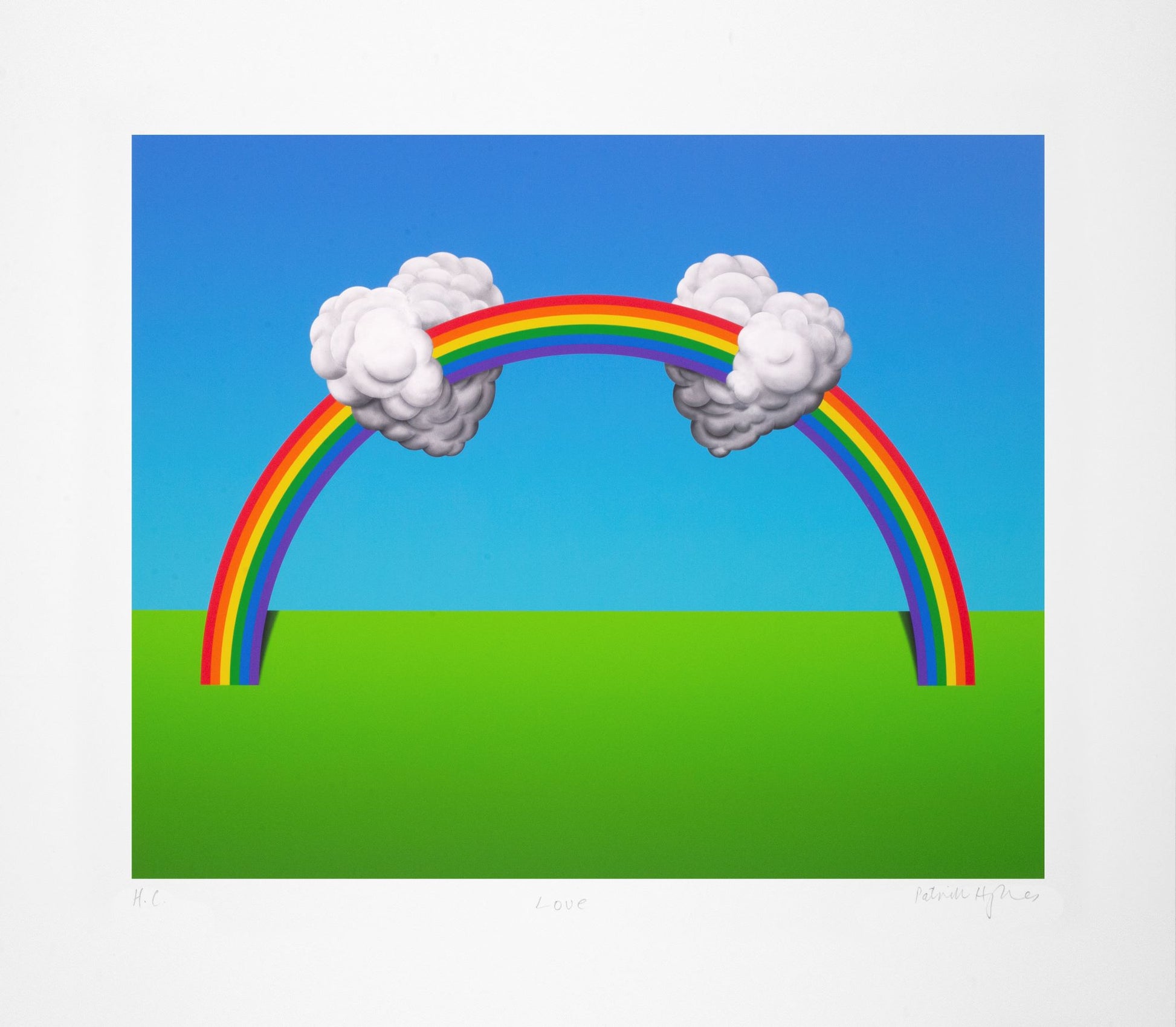 Capture the essence of love with Patrick Hughes' 'Love' art print, where two hearts intertwined amidst a vibrant rainbow. A captivating symbol of affection and connection.