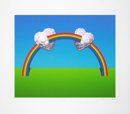 Capture the essence of love with Patrick Hughes' 'Love' art print, where two hearts intertwined amidst a vibrant rainbow. A captivating symbol of affection and connection.