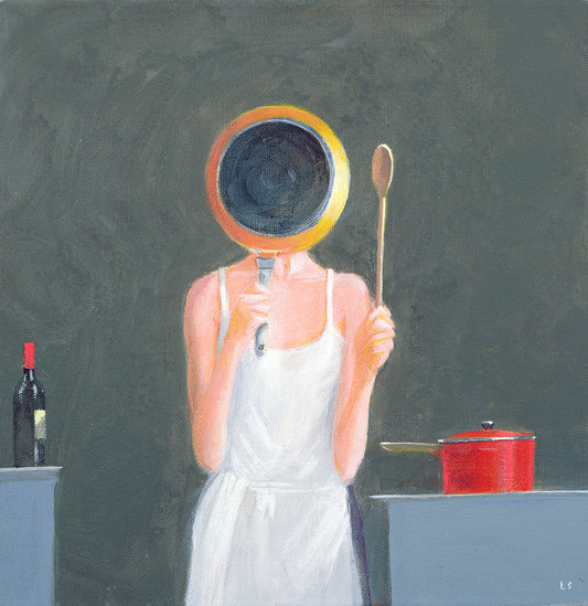 Unframed print "Masterchef, 2005" by Lincoln Seligman: depicts a woman in a white apron, holding a pan over her face and a wooden spoon in hand. Accompanied by a red pot and a bottle of wine, this painting adds a touch of culinary charm to any space.