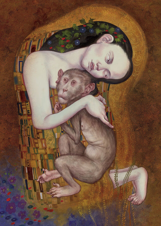 Image of the unframed ‘The Snog’ by Anita Kunz,a humorous play on Klimt's "The Kiss" where a woman hugs a monkey 8576395