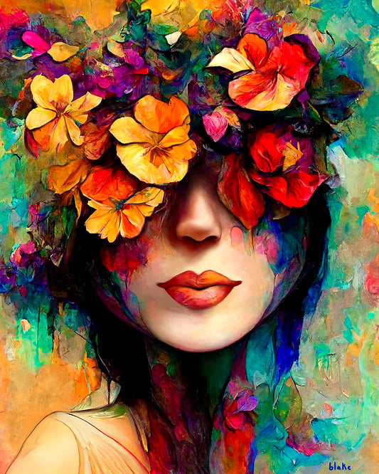 8365624Unframed print 'The Love Inside You’ by Blake Munch: A woman's face is partially concealed by an array of colourful flowers. Her red lips and nose remain visible, in front of a turquoise-tinted background.