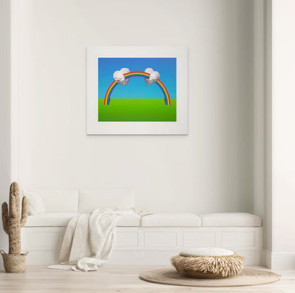 Image of the unframed 'Love' art print by Patrick Hughes, portraying two cloudy hearts connected by a radiant rainbow. Set in an elegant interior, this print beautifully captures the essence of love and connection.