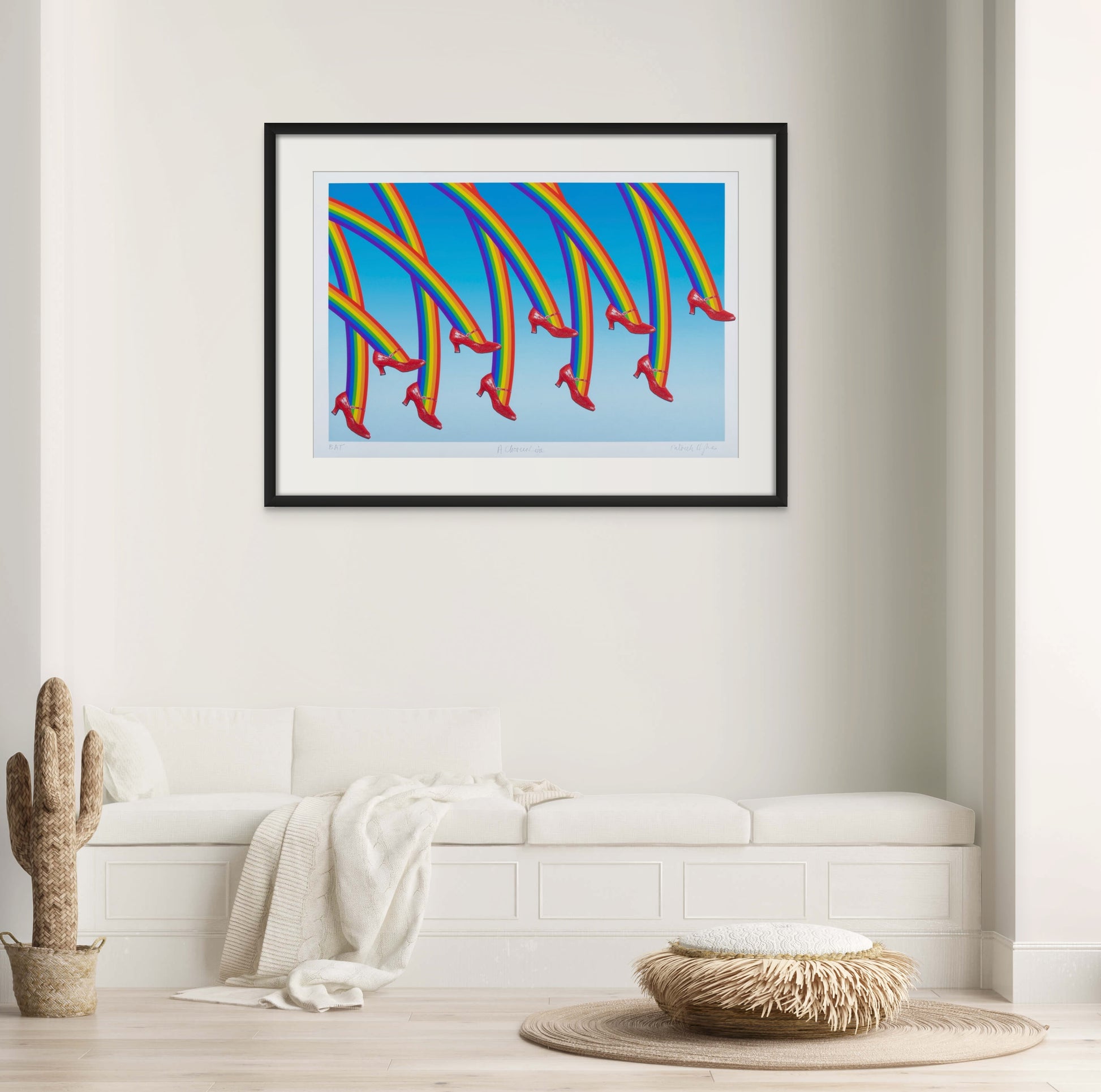 Specially created for Bridgeman Editions, this archival digital print on Hahnemühle German etching paper features an A2 paper size. Authorised and certified by Patrick Hughes, this artwork offers vibrant colours and dynamic rainbow shapes in a chorus line theme. Comes with a sleek black frame for easy display