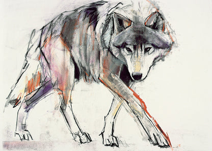 Embark on a journey into the untamed wilderness with "Wolf" by Mark Adlington. This mesmerising portrayal, tinged with purple and orange hues, captures the majestic essence of a wolf in the midst of its hunt. An unframed archival digital print on Hahnemühle German etching paper, brings the spirit of the wild into your home.
