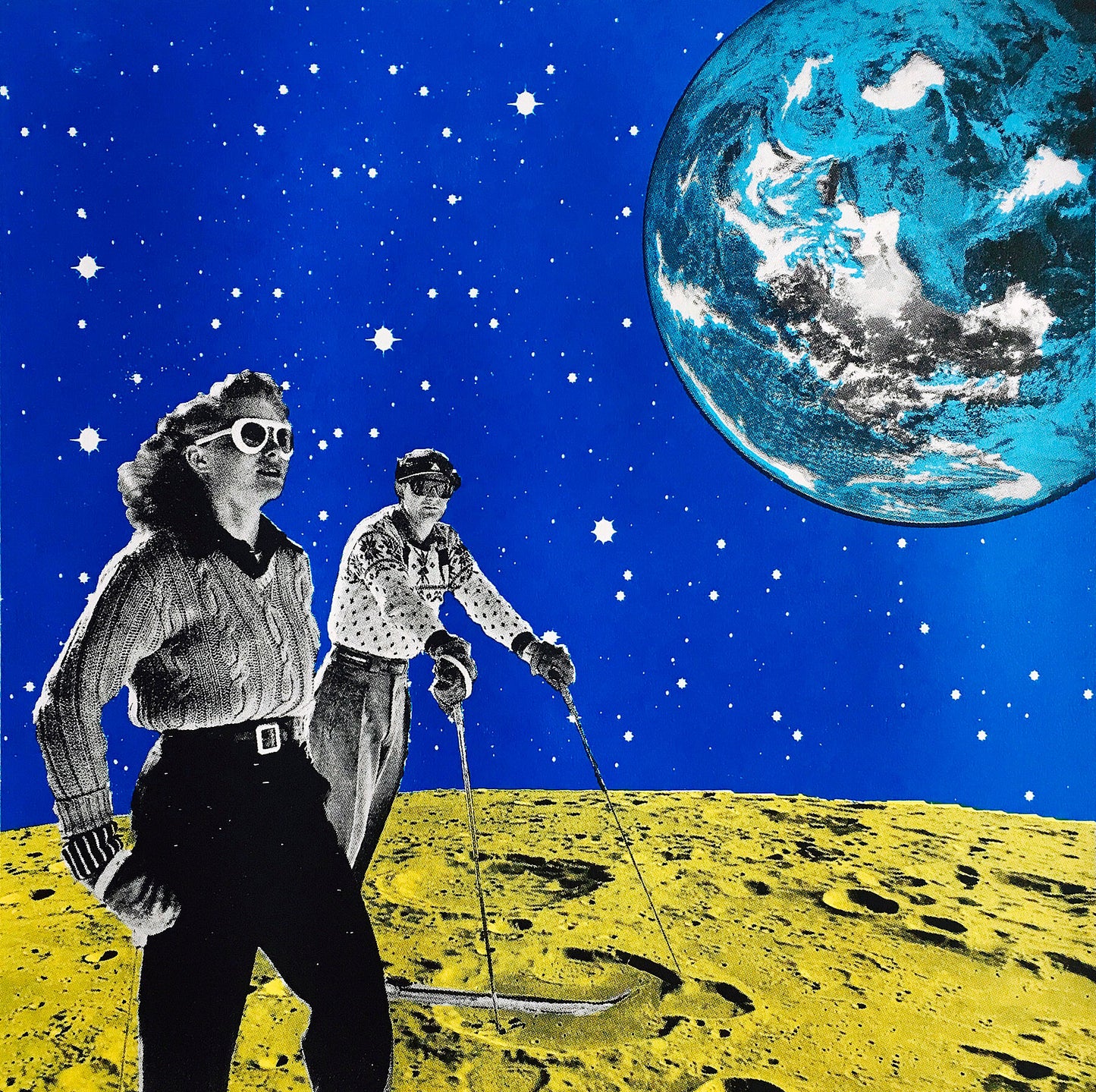 Image of the unframed print ‘Hiking space' by Anne Storno, depicting a man and a woman in chic outfits ski upon the surface of a vibrant yellow moon; A light blue and white coloured Earth floats in the background, against a sky full of sparkling stars 8365614