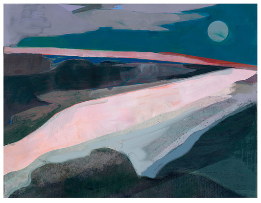 Dive into 'Broadstairs' by David McConochie: an abstract minimalist rural landscape, available as an unframed print. Tones of grey, teal, and pink paint a coastal scene, illuminated by a cool full moon. Let this serene artwork transport you to tranquil shores