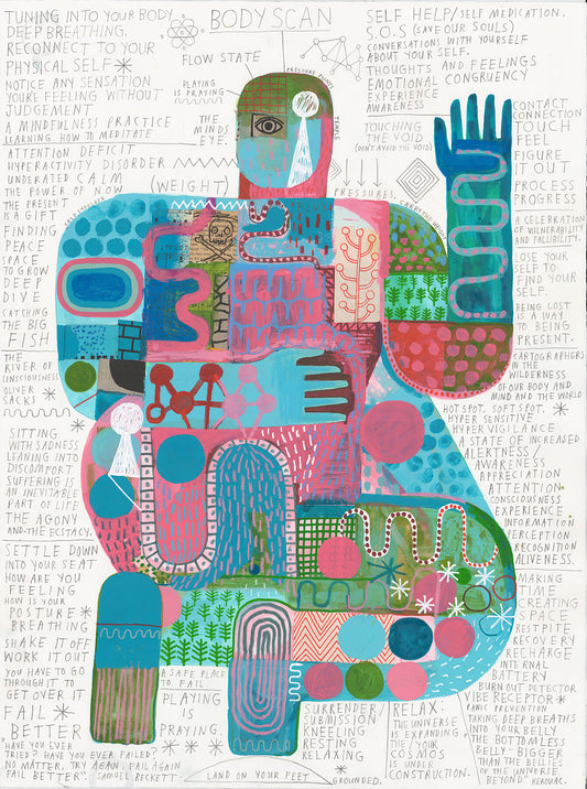 Dive into the captivating world of 'Body Scan 4' by David Shillinglaw: an intriguing unframed print that showcases a kneeling human figure, crafted from vibrant graphic patterns with blue, green and pink hues. Against a backdrop of black and white words and phrases, explore the multifaceted meanings of the word 'body'.