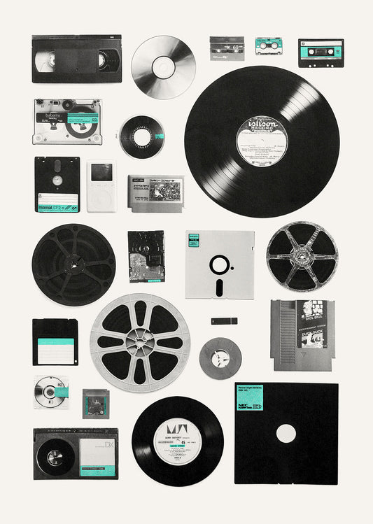 Unframed archival print: 'Data, 2014' by Florent Bodart. A collage featuring vintage data storage mediums like vinyl records, cassettes, tapes, and computers. Black and white with cyan accents, exuding clean graphic design vibes.