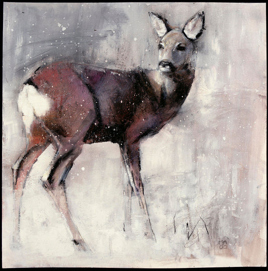 Unframed "Roe Doe, 2000" by Mark Adlington. Witness the serene beauty of a doe amidst a snowfall, rendered in mixed media on paper. Available as archival digital prints on Hahnemühle German etching paper, this piece brings nature's tranquillity to your space.
